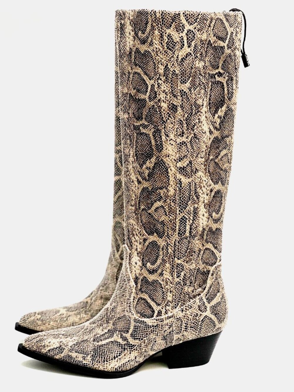 Women Snake-Print Tall Cowboy Boots - Gray/Tan Size 42/11 EUC